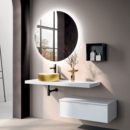 Bathroom Composition Including Base with Drawer, Sink, Mirror and Cube - Orione Viadurini