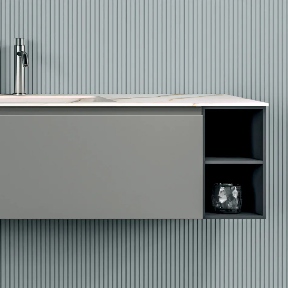 Bathroom Composition with 1 Base with 1 Drawer and Open Compartment and Mirror - Titan Viadurini