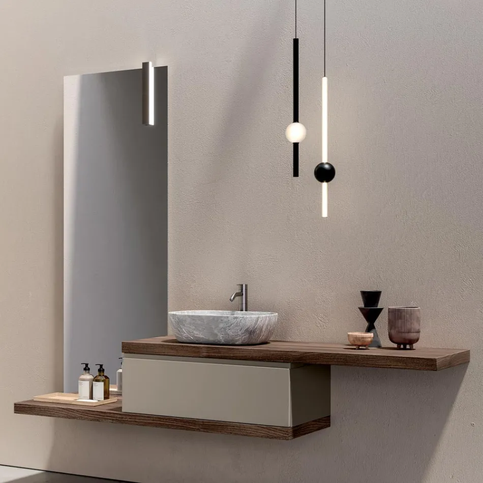 Bathroom Composition with 1 Drawer, 2 Oak Shelves, Sink and Mirror - Titan Viadurini