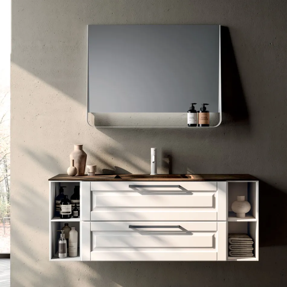 Bathroom Composition with 2 Drawers and 2 Open Compartments, Mirror and Sink - Magnolia Viadurini