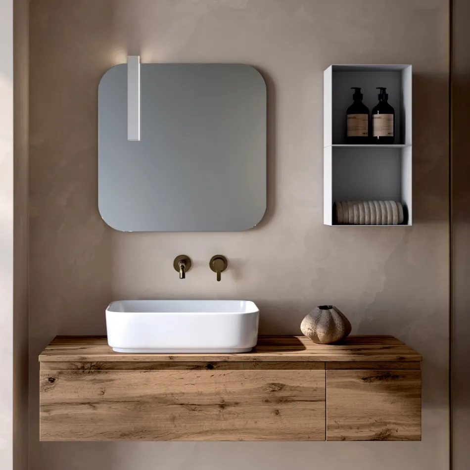 Bathroom Composition with 2 Oak Drawers, Ceramic Sink and Mirror - Titan Viadurini