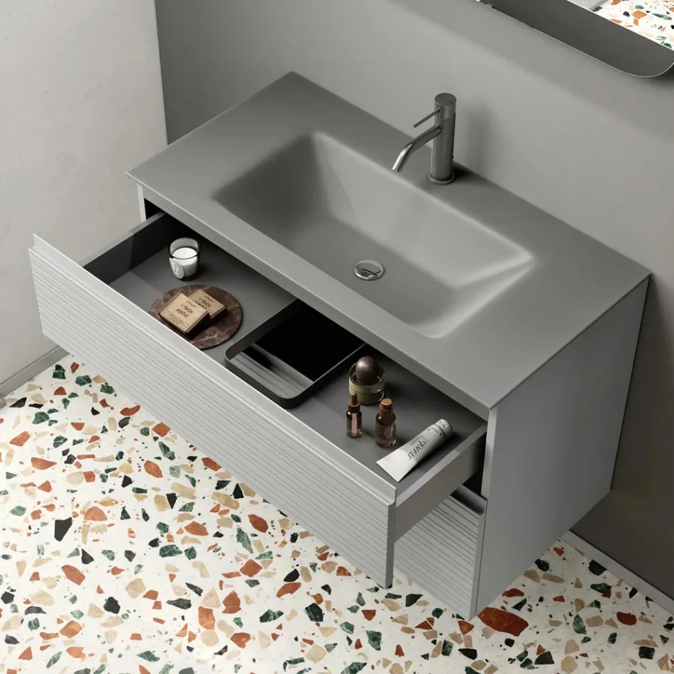 Bathroom Composition with 2 Drawers, Gray Glass Sink and Mirror - Elios Viadurini