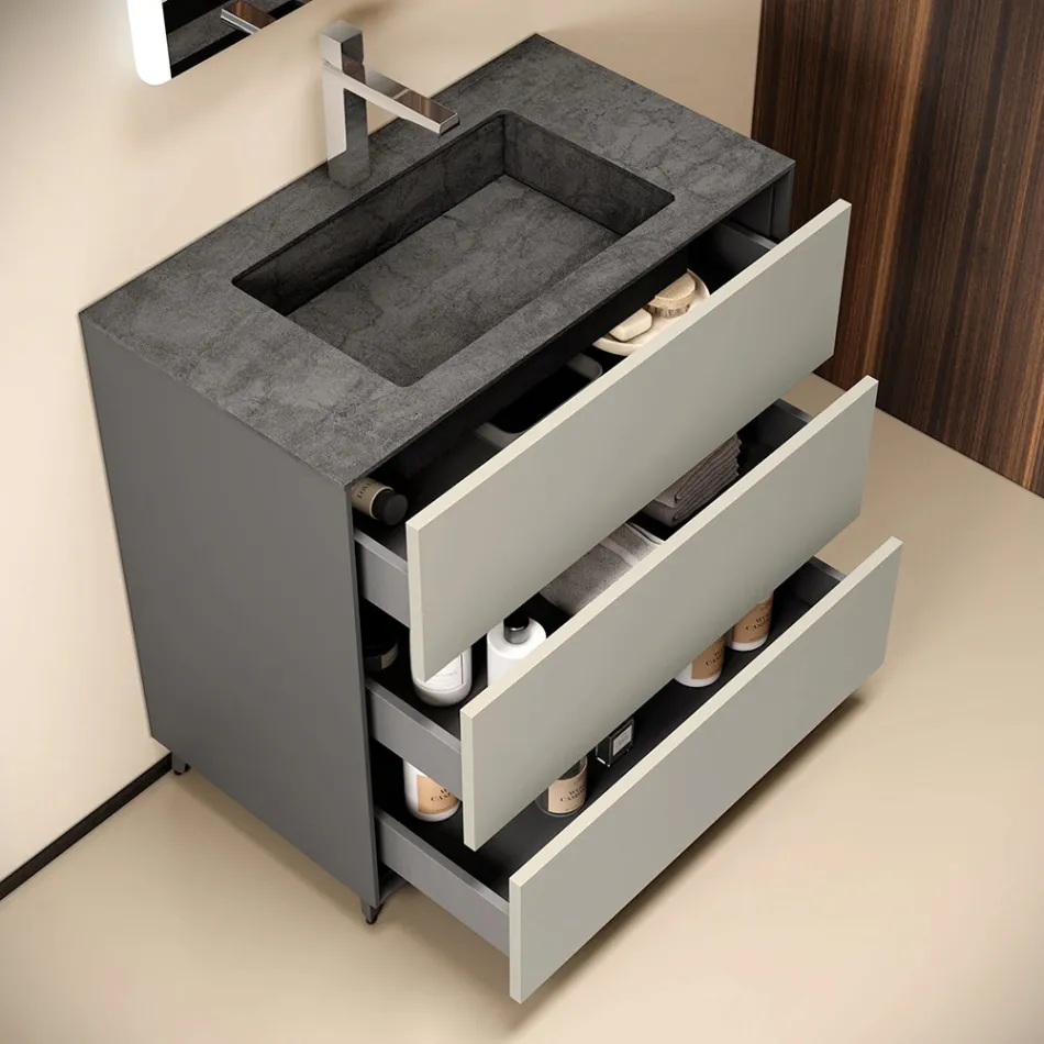 Bathroom Composition with 3 Matte Dove Gray Drawers, Mirror, and Sink - Velaria Viadurini