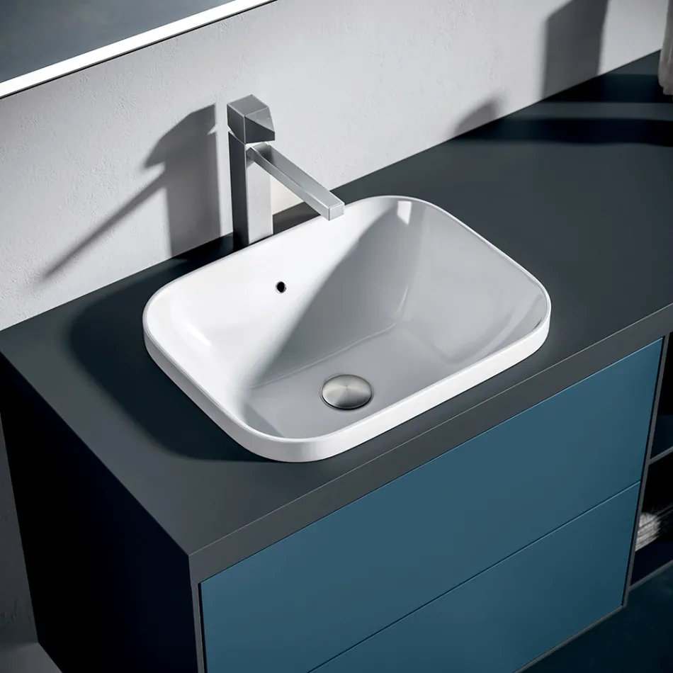 Bathroom Composition with 4 Avio Blue Drawers, Mirror and Sink - Velaria Viadurini