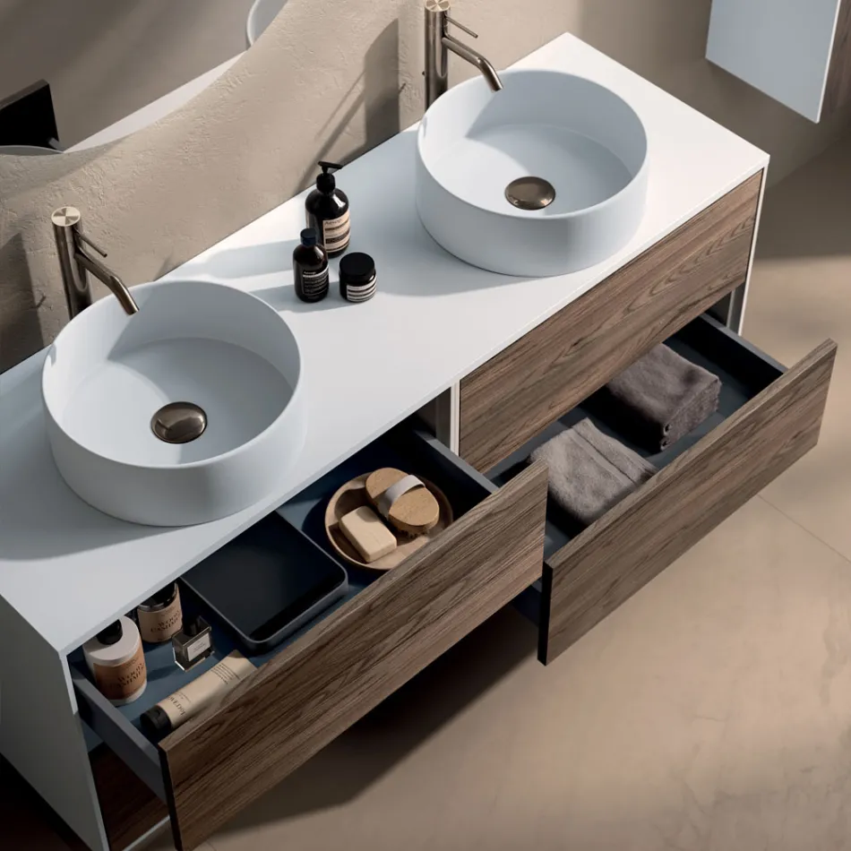 Bathroom Composition with 4 Drawers in Rio Oak, Mirror and Sink - Velaria Viadurini