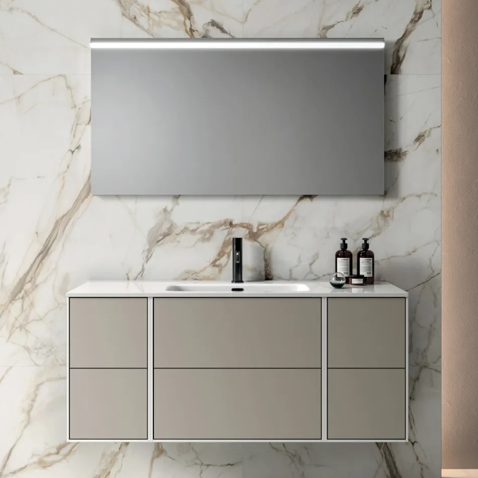 Bathroom Composition with 6 Dove Gray Drawers, Mirror, and Sink - Velaria Viadurini