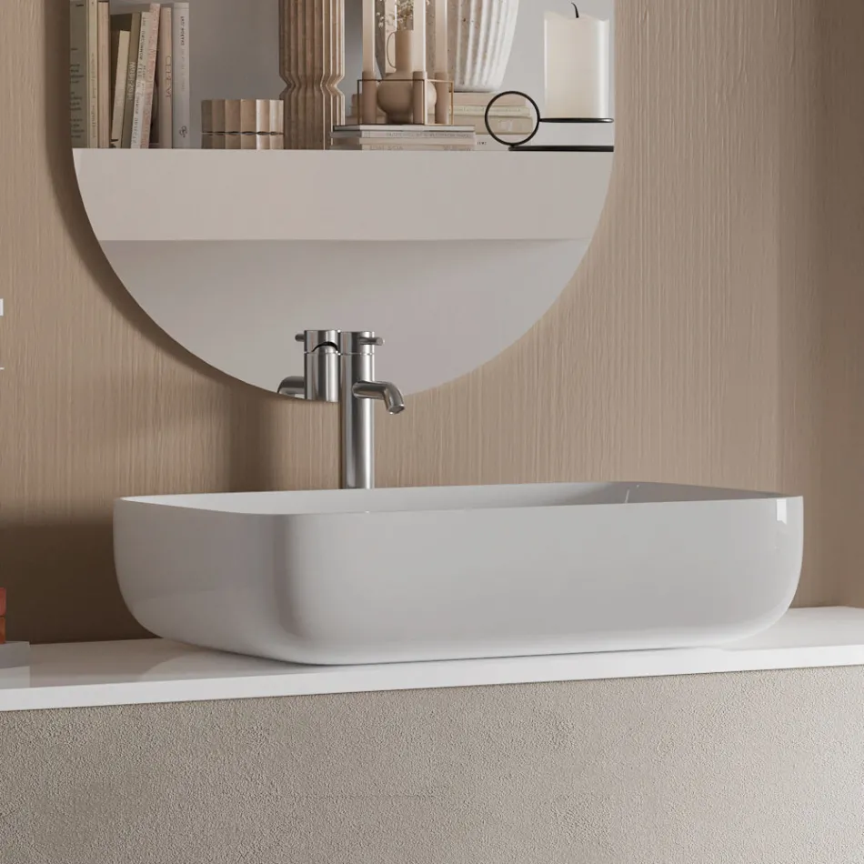 Bathroom Composition with Havana Stone Base, Mirror and Washbasin Made in Italy - Kilos Viadurini