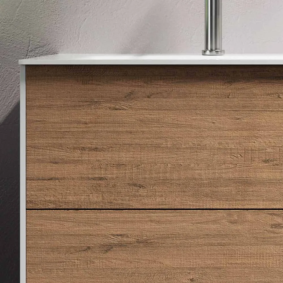 Bathroom Composition with Honey Oak Base, Washbasin and Mirror Made in Italy - Kilos Viadurini