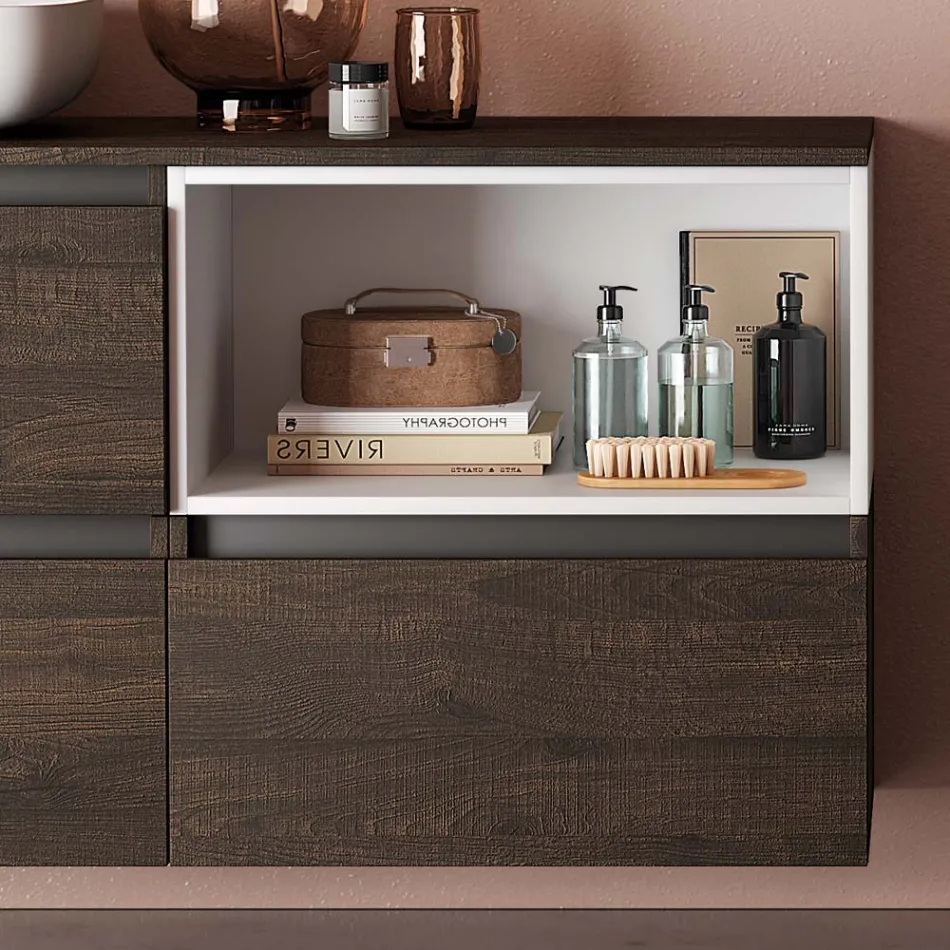 Bathroom Composition with Ceramic Washbasin and Mirror Made in Italy - Dream Viadurini