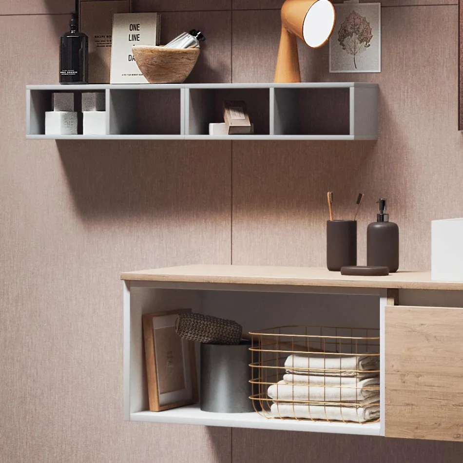 Bathroom Composition with Mirror with Integrated Lamp, Washbasin and Base - Dream Viadurini