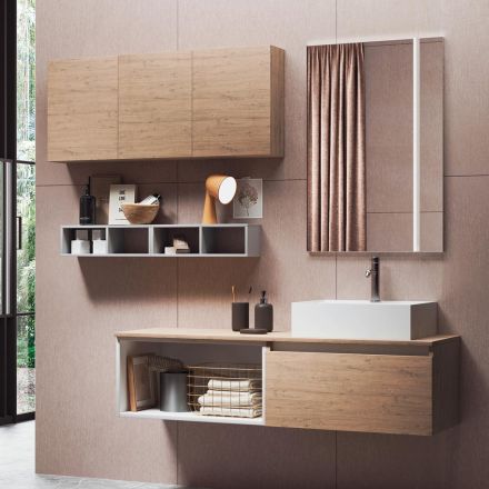 Bathroom Composition with Mirror with Integrated Lamp, Washbasin and Base - Dream Viadurini