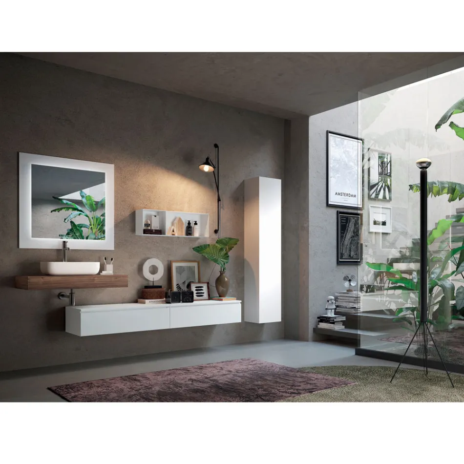 Bathroom Composition with Mirror and Ceramic Washbasin Made in Italy - Palom Viadurini