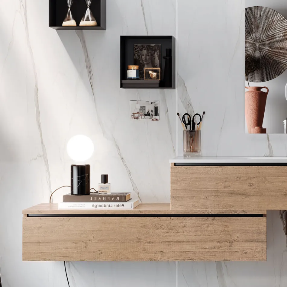 Bathroom Composition with Mirror, Resin Washbasin and Base Made in Italy - Palom Viadurini