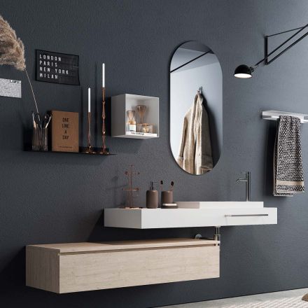 Bathroom Composition with Oval Mirror, Washbasin and Base Made in Italy - Palom Viadurini