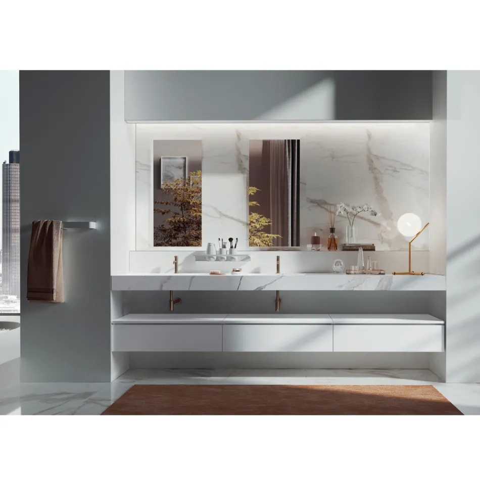 Double Bathroom Composition with Rectangular Mirror and Washbasin Made in Italy - Palom Viadurini