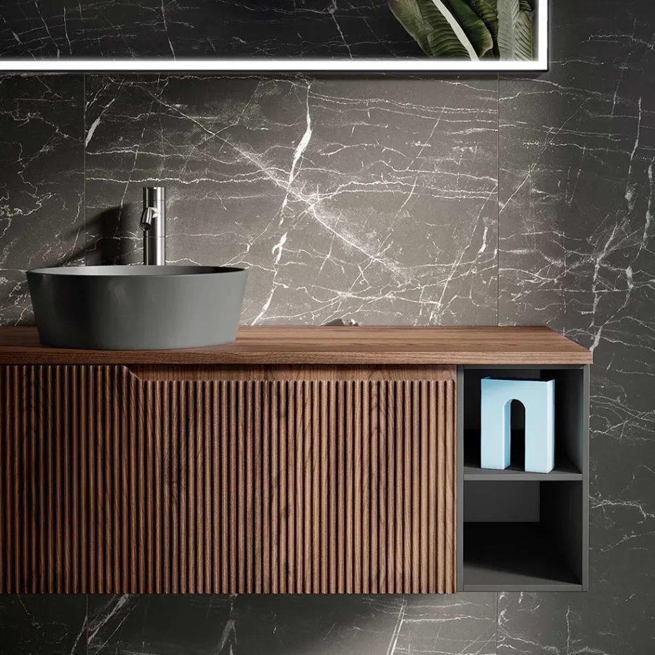 Bathroom composition in ribbed oak and open compartment Made in Italy - Febe Viadurini