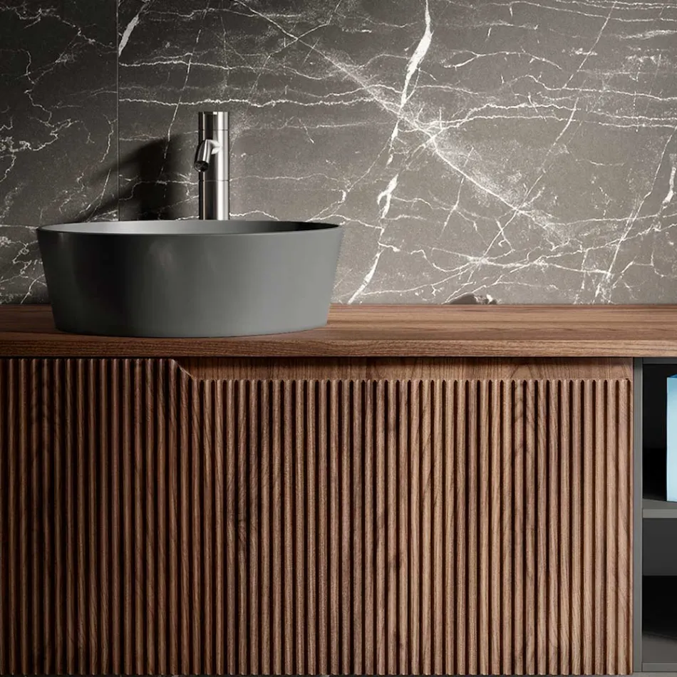 Bathroom composition in ribbed oak and open compartment Made in Italy - Febe Viadurini