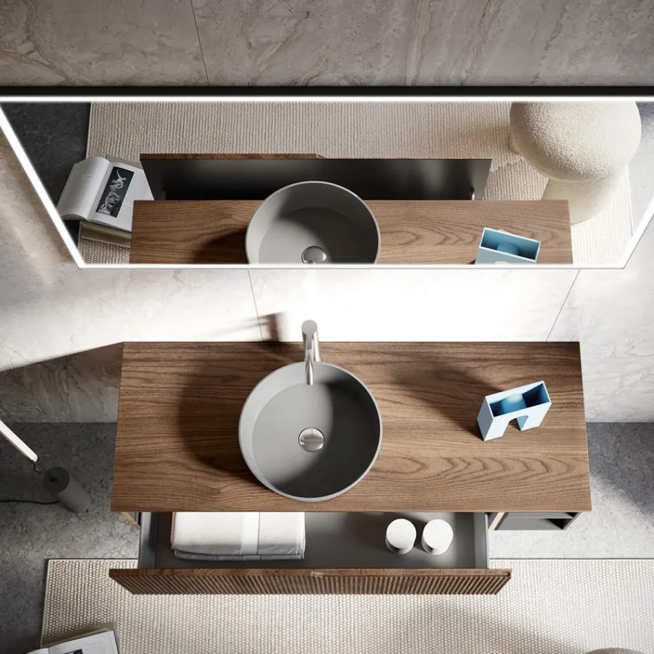 Bathroom composition in ribbed oak and open compartment Made in Italy - Febe Viadurini