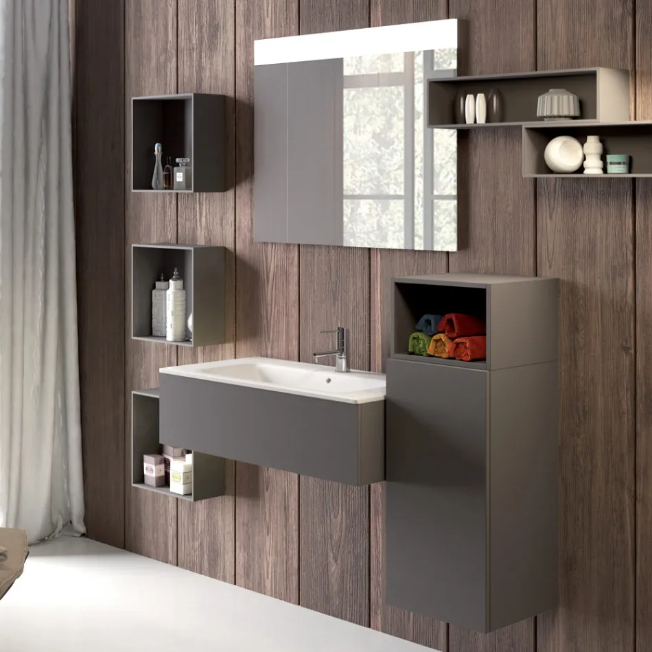 Suspended bathroom composition in smoke grey fenix made in Italy, Naples Viadurini