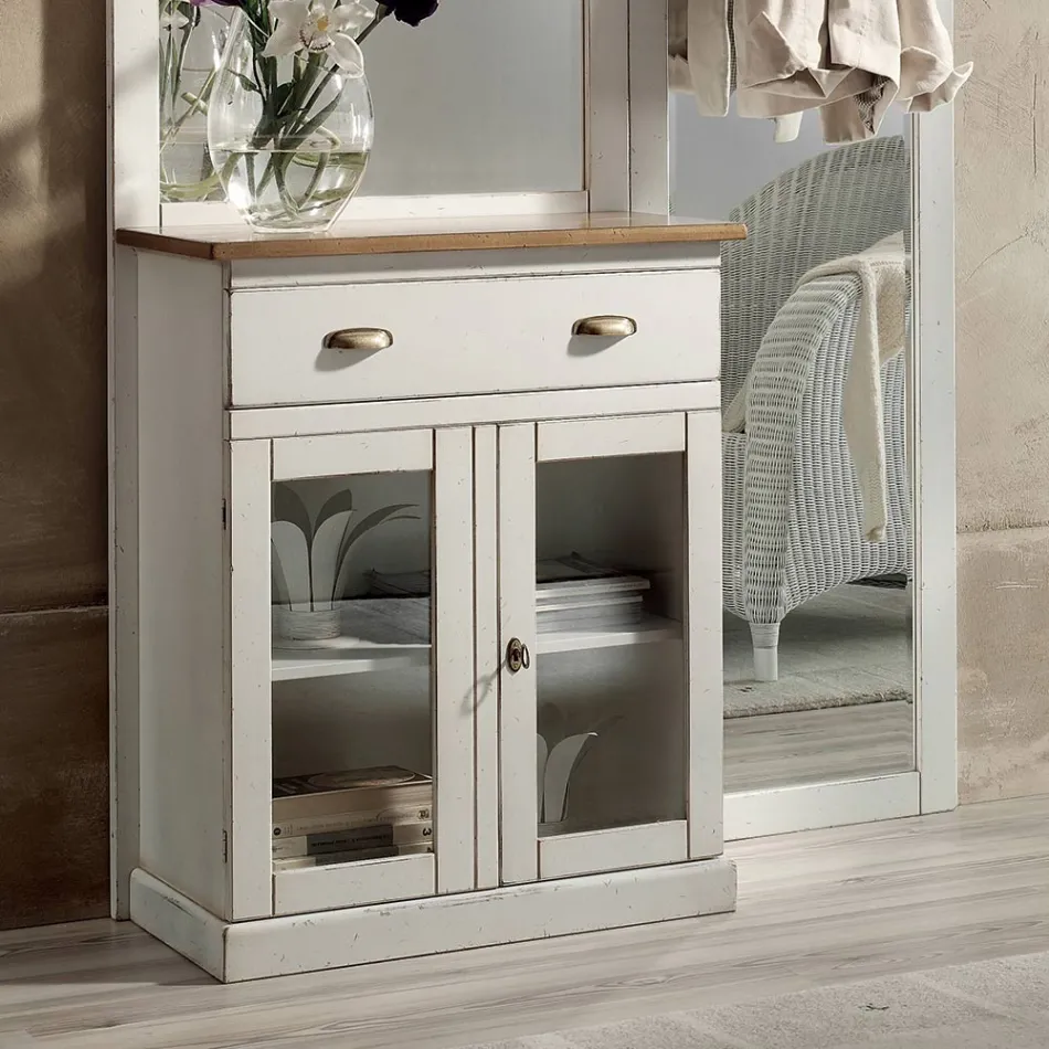 Entrance composition in two-tone white wax and natural wood top - Fatuo Viadurini