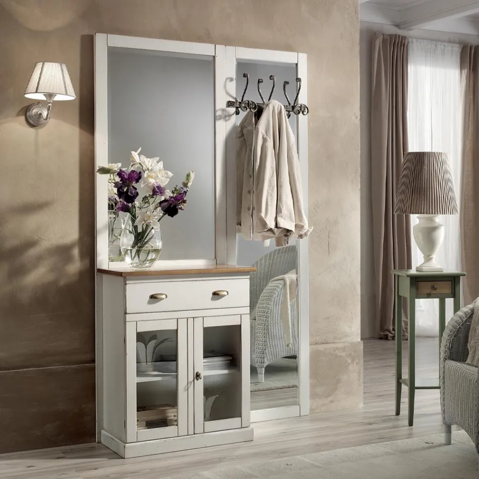 Entrance composition in two-tone white wax and natural wood top - Fatuo Viadurini