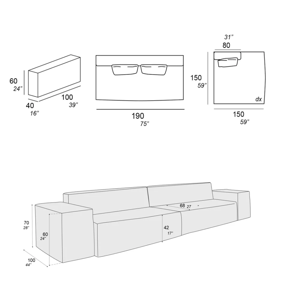 Composition of 1 Sofa, 1 Armrest and 1 Peninsula - Bizarre Viadurini