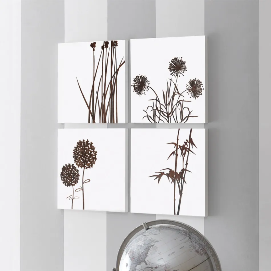 Composition of 4 Panels with Hydrangeas, Allium and Thypha Made in Italy - Calculation Viadurini