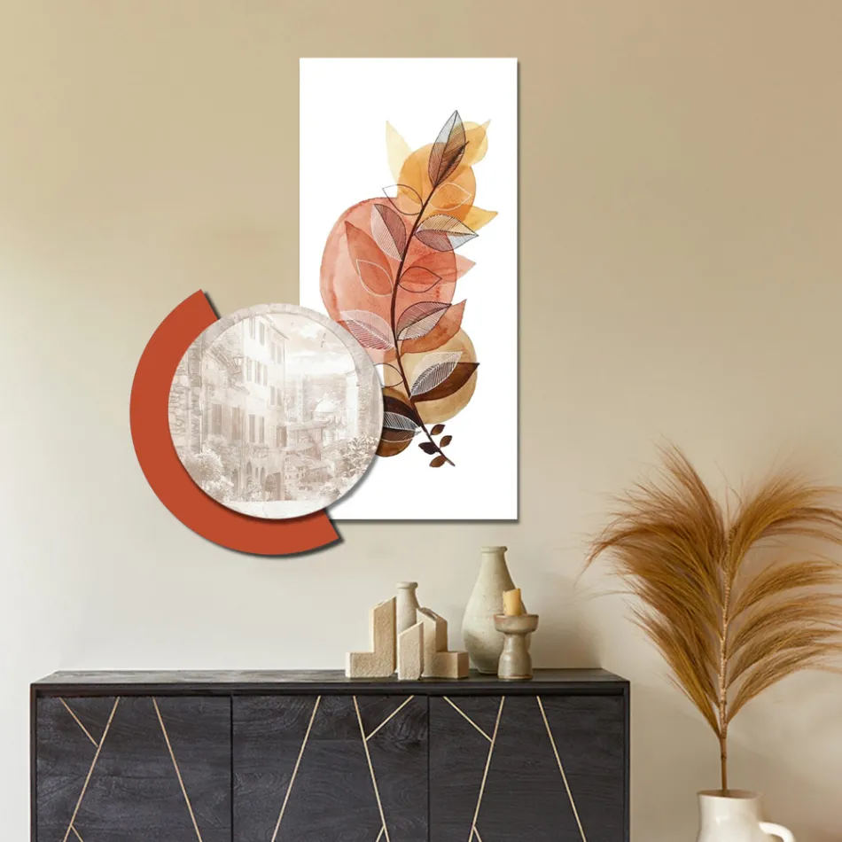 Composition of Wooden Paintings with City and Branch Prints Made in Italy - Chile Viadurini