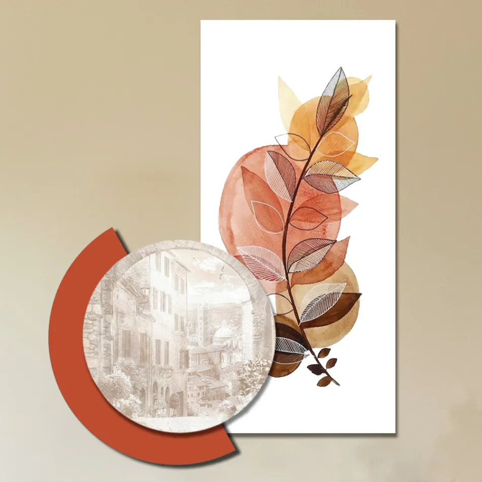 Composition of Wooden Paintings with City and Branch Prints Made in Italy - Chile Viadurini