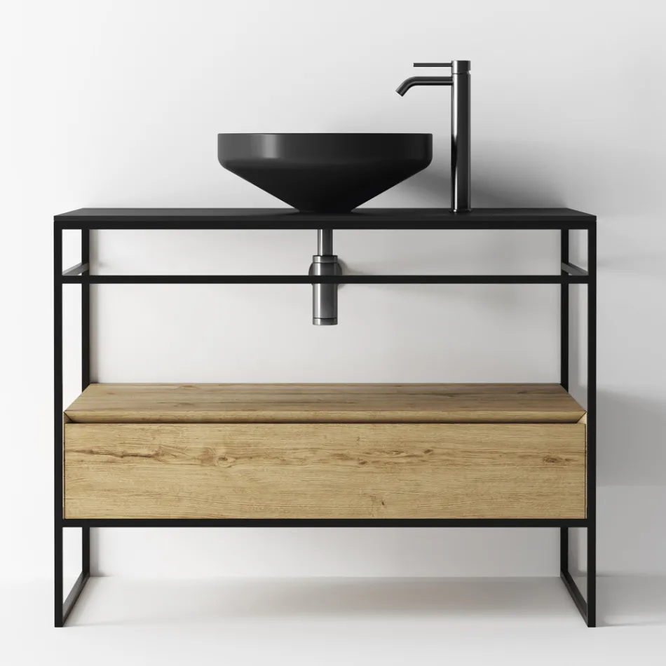 Bathroom Cabinet Composition with Washbasin, Base and Mirror Made in Italy - Hoscar Viadurini