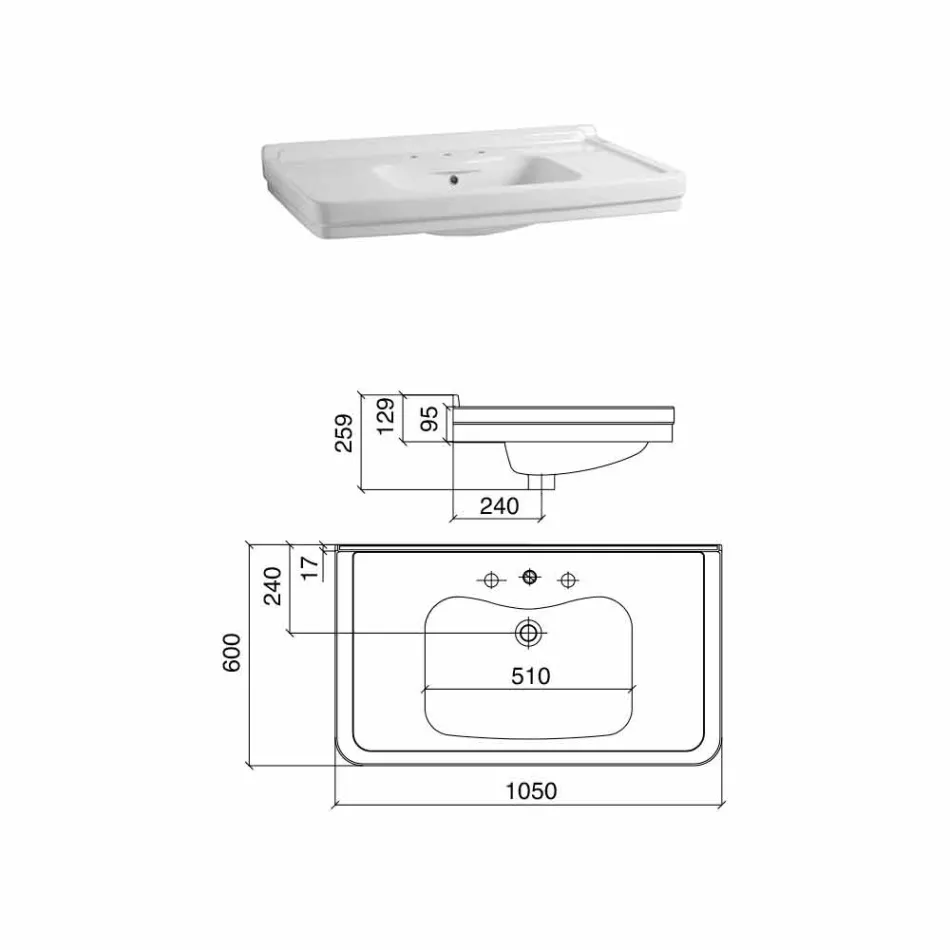 105 cm Vintage White Ceramic Bathroom Console with Feet, Made in Italy - Marwa Viadurini