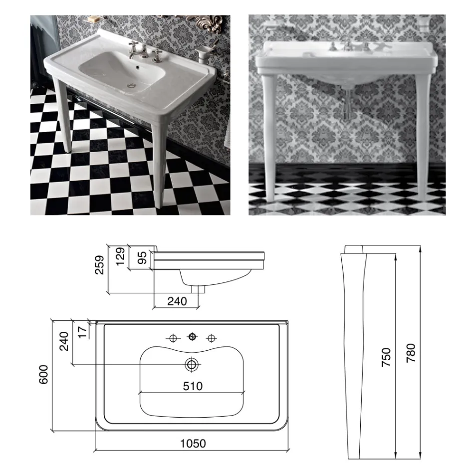 105 cm Vintage White Ceramic Bathroom Console with Feet, Made in Italy - Marwa Viadurini