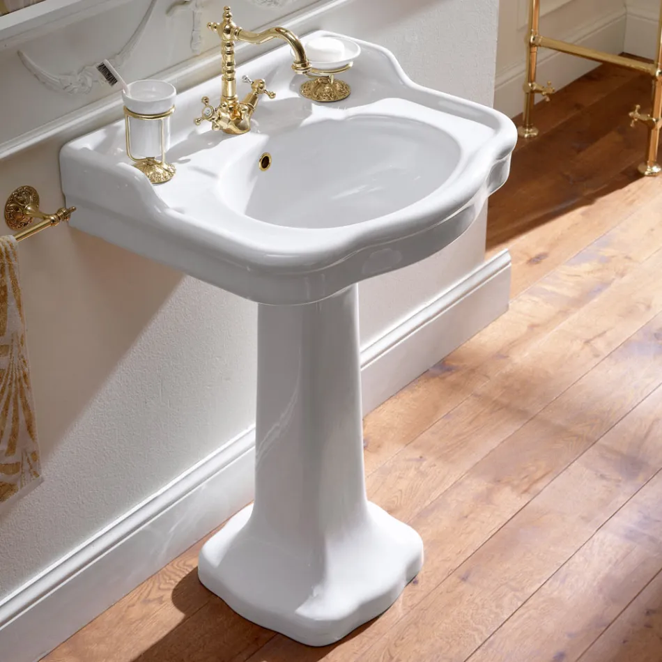 Vintage Ceramic Bathroom Console on Column, Made in Italy - Paulina Viadurini