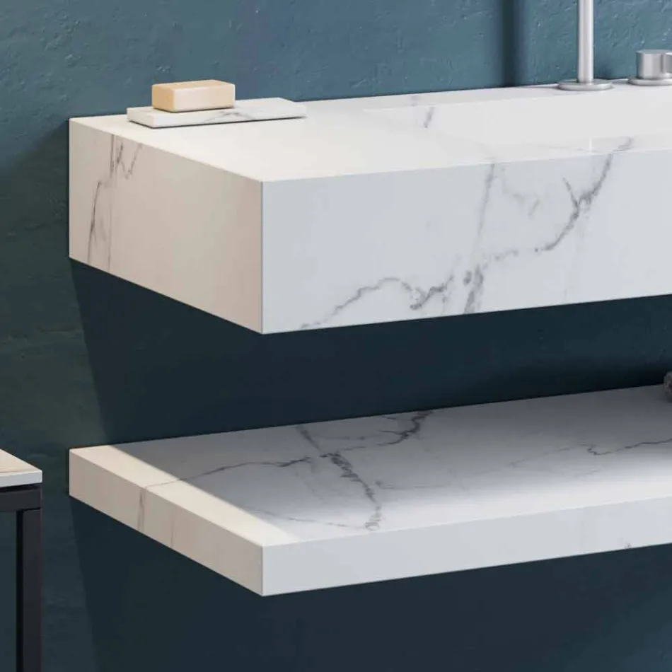 Bathroom Console Integrated Washbasin and Suspended Shelf in Gres 4 Finishes - Rampina Viadurini