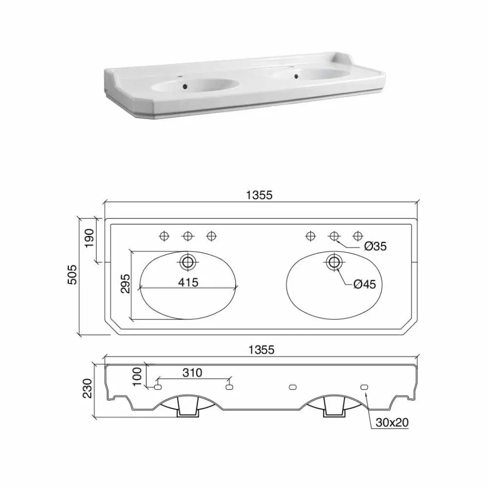 Bathroom Console L 135 cm with Double Bowl in Ceramic Made in Italy - Nausica Viadurini