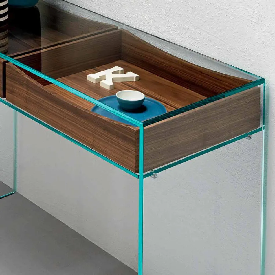 Entrance Console in Extra-clear Glass with 2 Canaletto Walnut Drawers - Selex Viadurini