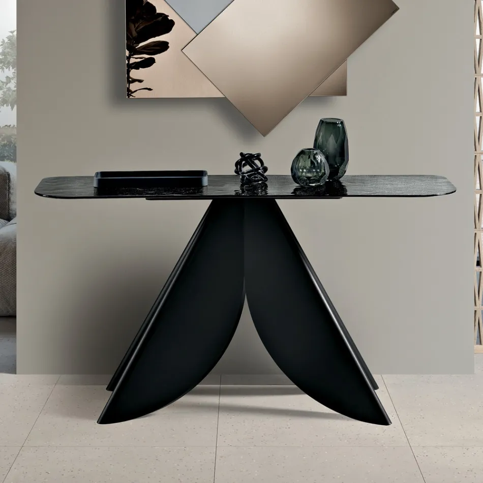 Living Room Console Table in Metal with Back-Silvered Hammered Glass Top - Cristina Viadurini