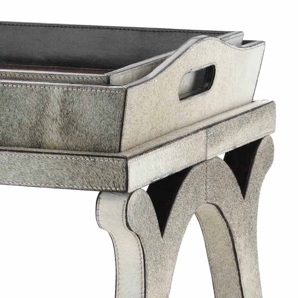 Modern design console with tray in Felicia grey pony leather Viadurini