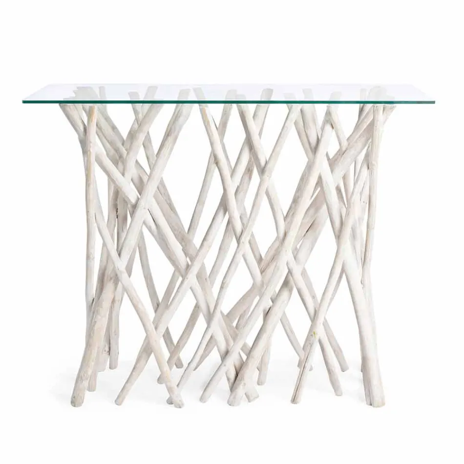 Consolle in Bleached Teak Wood and Luxury Design Glass Top - Francesca Viadurini