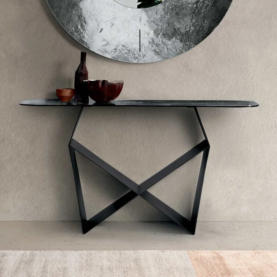 Console Table in Metal and Hammered Glass Top with Back-Silver Finish - Concordia Viadurini