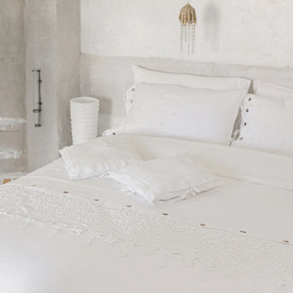 Double Duvet Cover in Linen with Lace Drops Storage Bag - Amadeus Viadurini