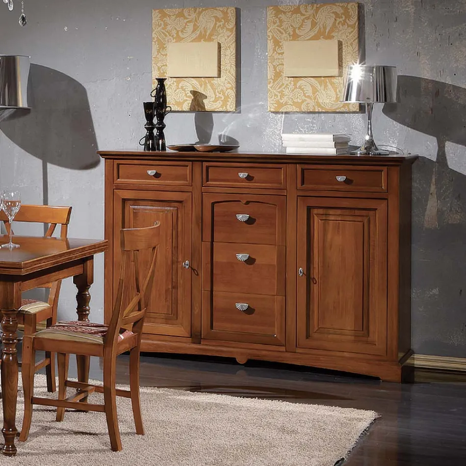 Classic Sideboard in Tanganyika Wood with 6 Drawers and 2 Doors Made in Italy - Bragi Viadurini