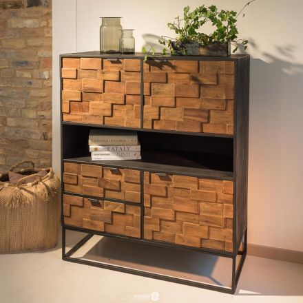 Indoor Sideboard in Patchwork Recycled Wood and Metal Base - Slide Viadurini