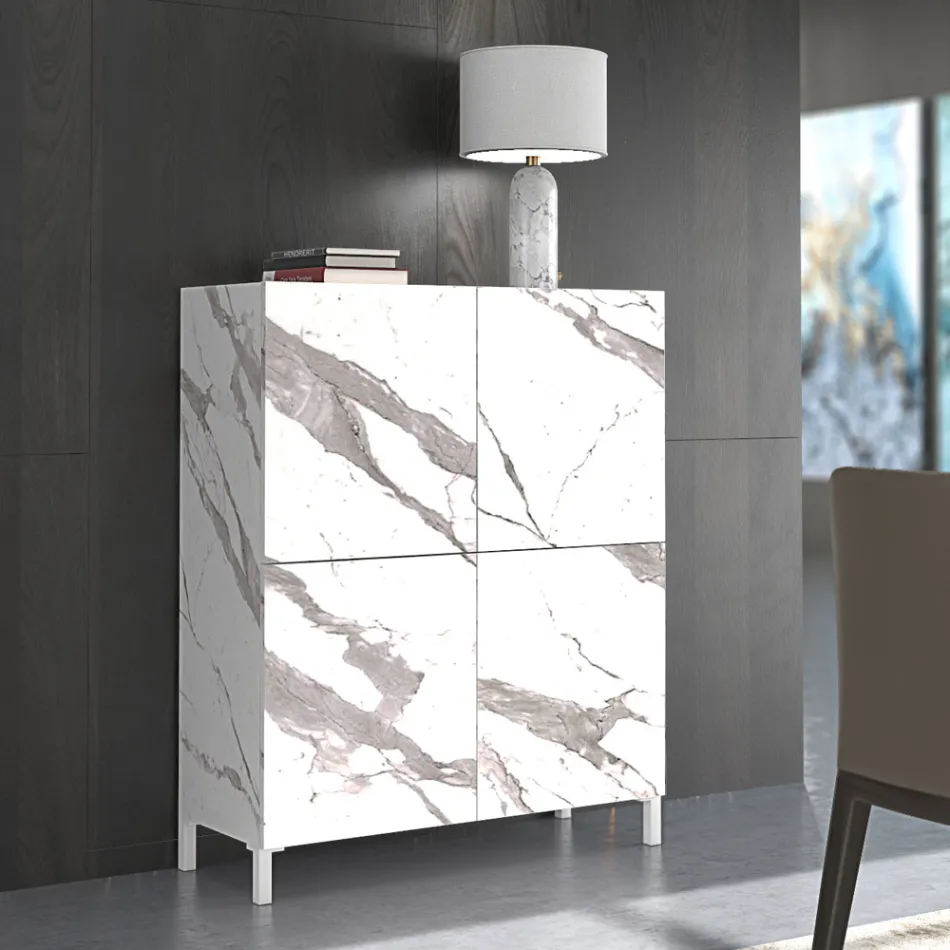 Lounge Sideboard Covered in Melamine Marble Finish Made in Italy - Zinc Viadurini