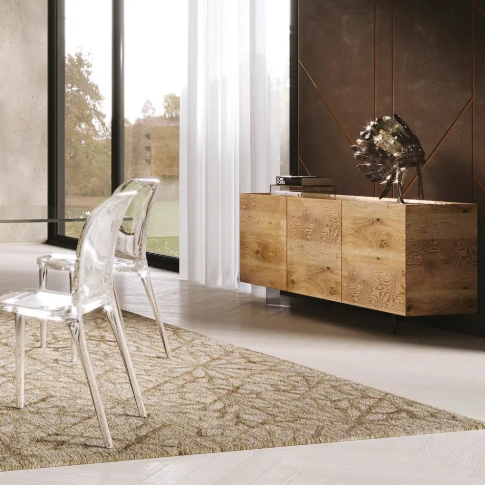Wooden Sideboard with 3 Doors with Tempered Crystal Base Made in Italy - Soraya Viadurini