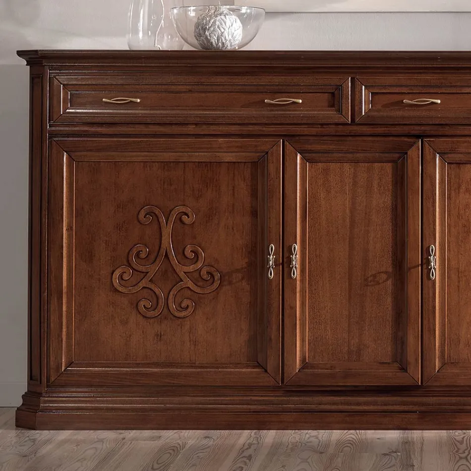 Sideboard in Patinated Walnut Finish Wood with Lily Decoration Made in Italy - Cherry Viadurini