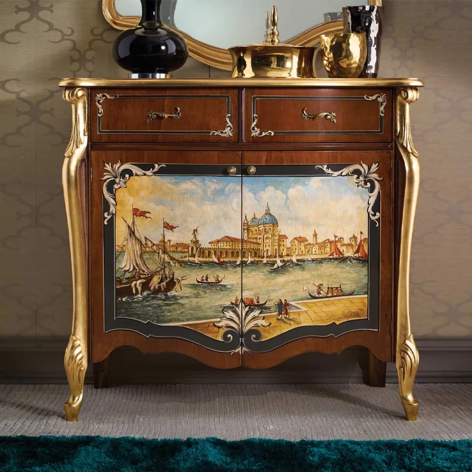 Lounge Sideboard in Wood with Venetian Decoration Made in Italy - Ottaviano Viadurini