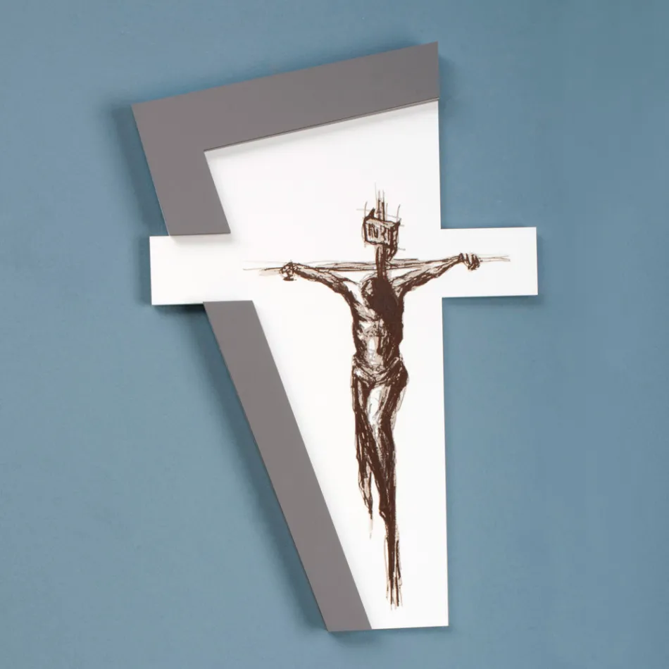 White and Grey Crucifix Made with Laser Engraving Made in Italy - Egle Viadurini