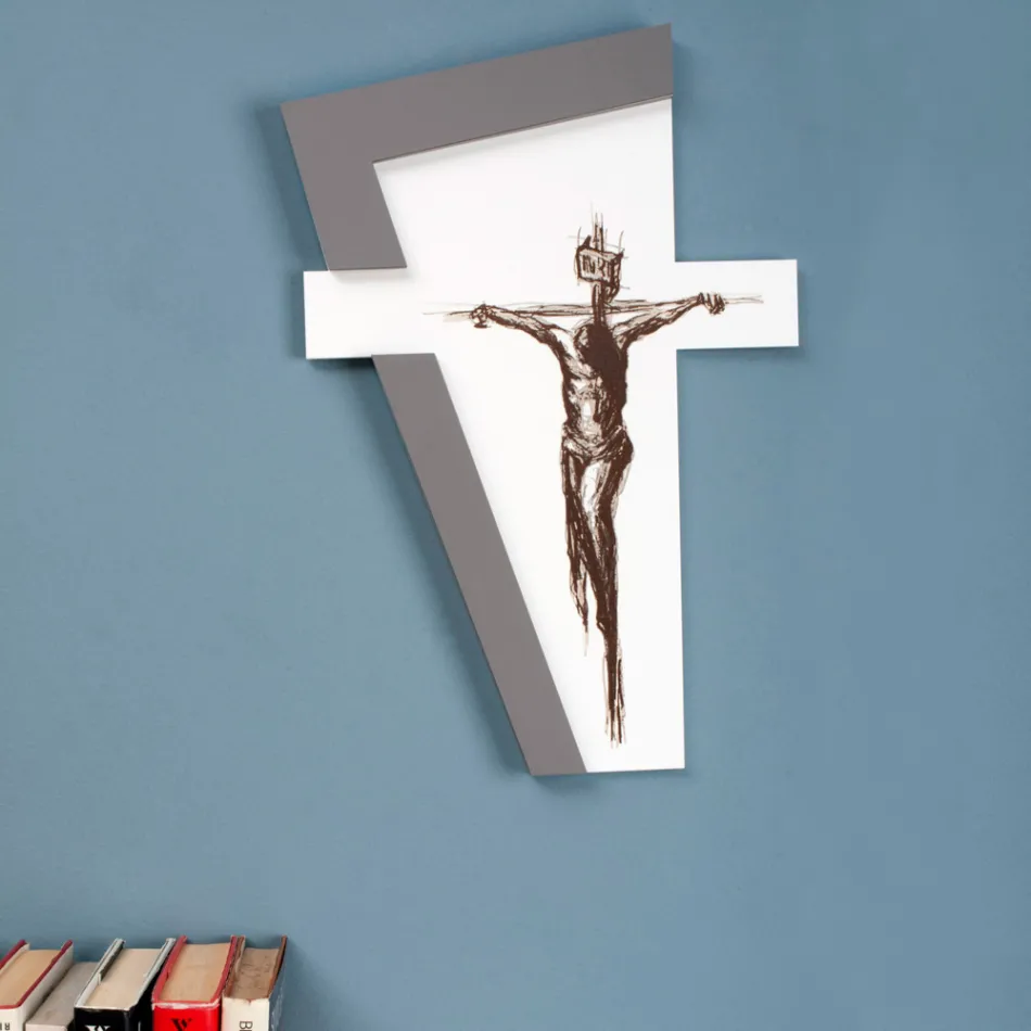 White and Grey Crucifix Made with Laser Engraving Made in Italy - Egle Viadurini