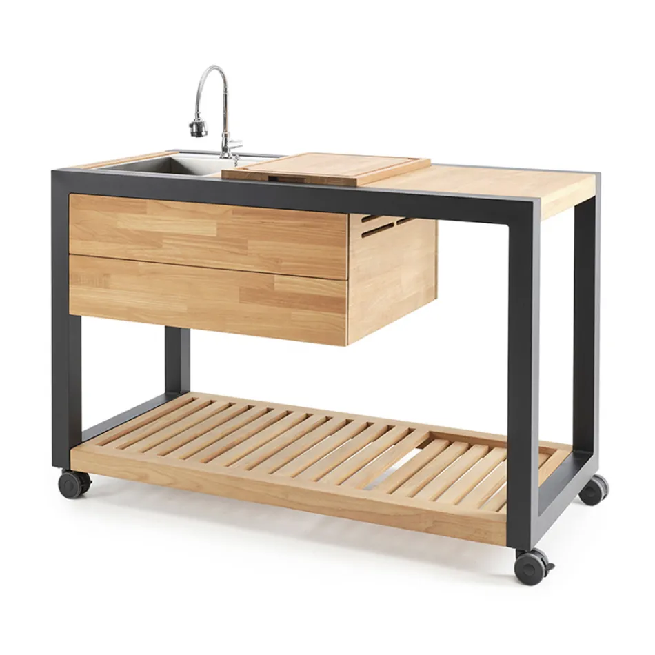 Outdoor Kitchen 140x65x93 cm Made of Solid Teak and Aluminium - Convivial Viadurini